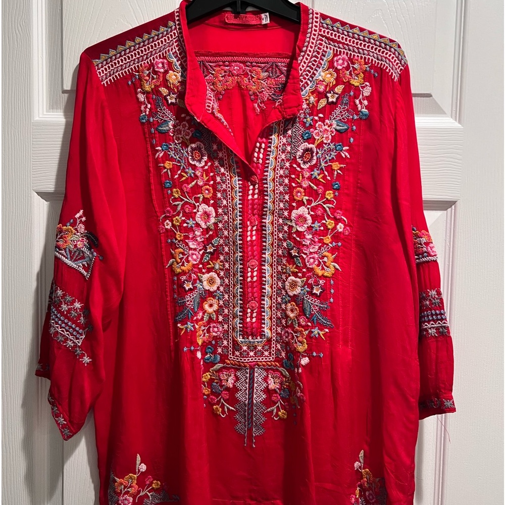 Johnny Was beautiful red embroidered blouse